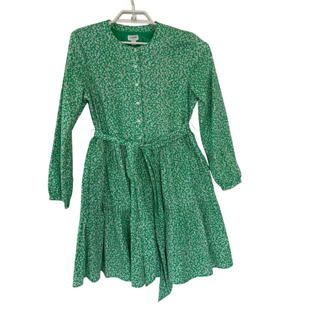 J.Crew Factory XS Green Floral Long-Sleeve A-Line Button-Up Dress With Belt Cott